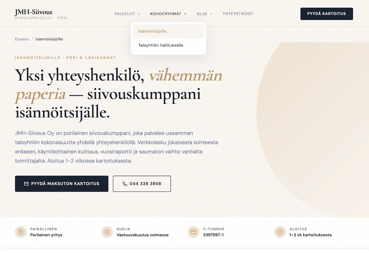 JMH-Siivous Oy:n verkkosivu