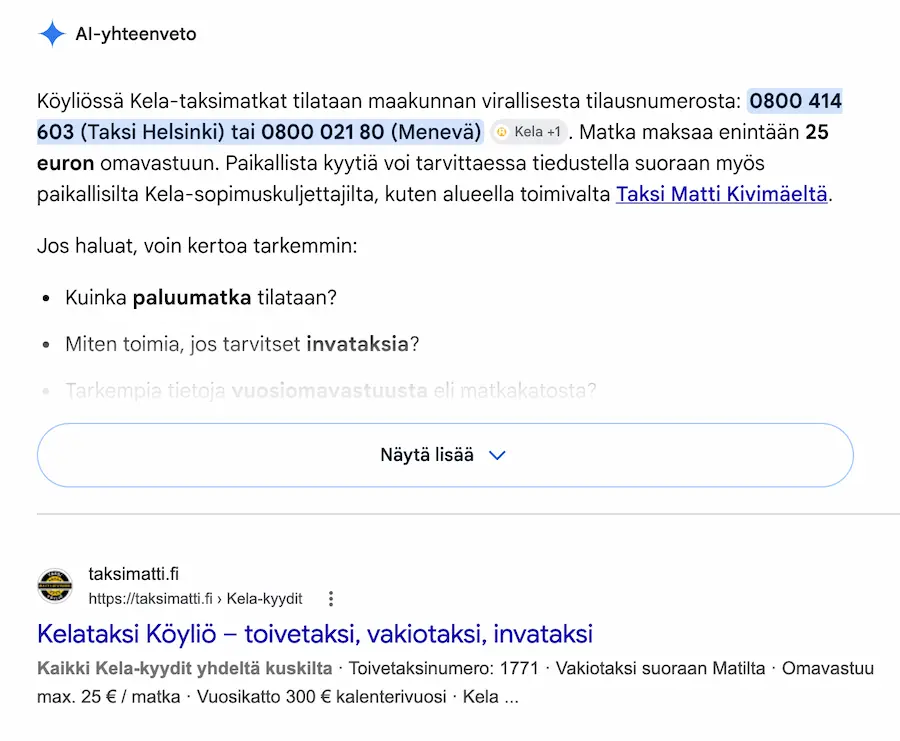taksi tai valmis taksisivu mobiilissa